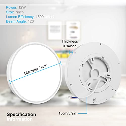 inShareplus 7-inch LED Flush Mount Ceiling Light, White 12W (120W Equiv) 6000K Cold White, Super Bright, Ultra-Thin, 1500LM Ceiling Lamp for Bedroom, Kitchen, Office, Hallway