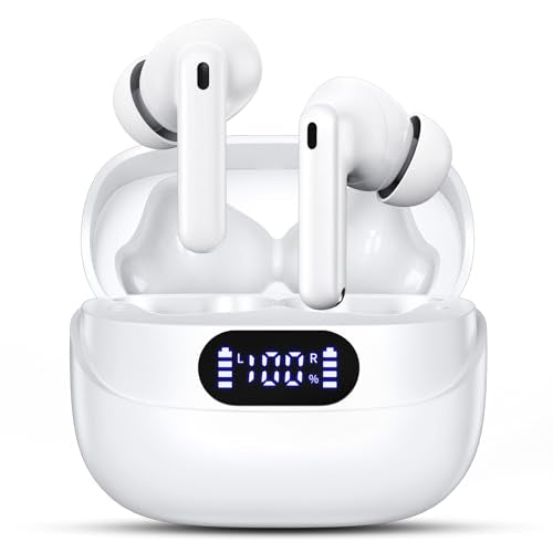 TUMJUN Wireless Earbuds, 42H Playtime Bluetooth 5.3 Headphones, HiFi Stereo Call Noise Cancelling Earbuds, IPX7 Waterproof Stereo in-Ear Earphones with LED Display for iOS Android Cell Phone (Grey)