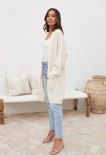 MEROKEETY Women's Oversized Long Batwing Sleeve Cardigan Waffle Knit Sweater Coat, Beige, S
