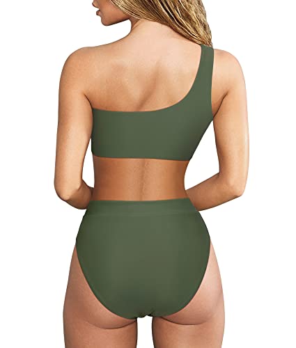 MOOSLOVER Women Cutout One Shoulder High Waisted Bikini High Cut Two Piece Swimsuits(M,Royal Blue)