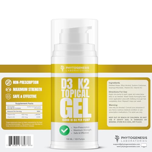 ANDROGENESIS Vitamin D3 K2 Maximum Strength Topical Gel - 15000+ IU Per Pump - The Sunshine Vitamin - Supports Bone & Joint Health, Immune Support - One Month Supply
