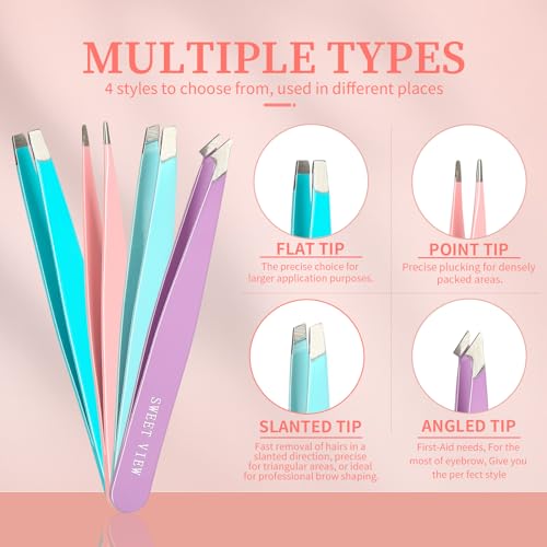 SWEET VIEW 7pcs Eyebrow Tweezers Set for Women Precision Plucker with Brow Scissors & Razor & Spoolie for Facial, Chin,Brow, Splinter and Ingrown Hair