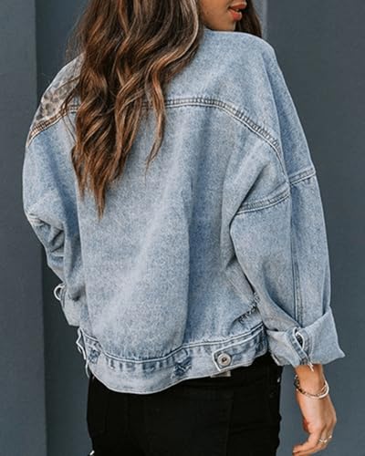 RINTONIX Womens Button Down Distressed Leopard Denim Jean Jacket Washed Long Sleeve Ripped Cheetah Jean Coat(BE-S)