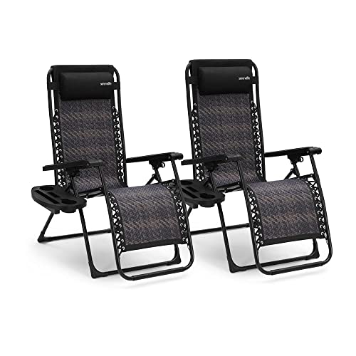 Foldable Outdoor Zero Gravity Lawn Chair, Adjustable Rattan Recliners, w/Removable Padded Headrest Pillows and Cup Holder Side Tables, Set of 2