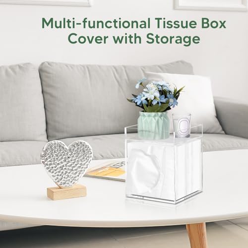 Tissue Box Cover, Bamboo Tissue Box Cover with Storage Tray Square Tissue Box Covers Holder for Bathroom, Bedroom, Dinner Table, Office, Tabletop 6" x 6" x 7.4"