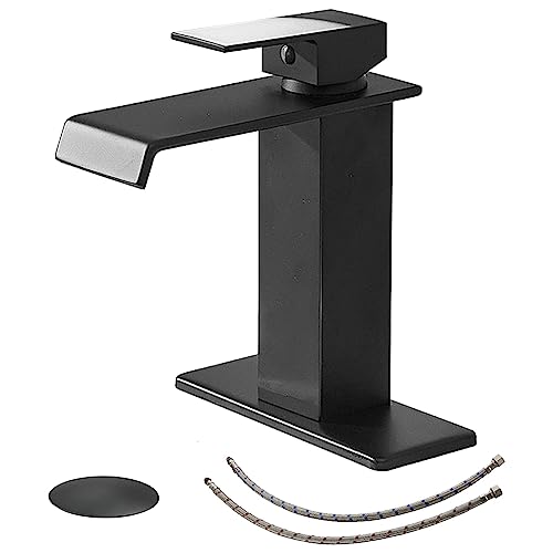 BWE Black Bathroom Faucet Modern Waterfall Matte Black Bathroom Sink Faucet Single Hole with Pop Up Drain Parts Spout Bath Lavatory Vanity Stopper Overflow and Supply Hose Single Handle