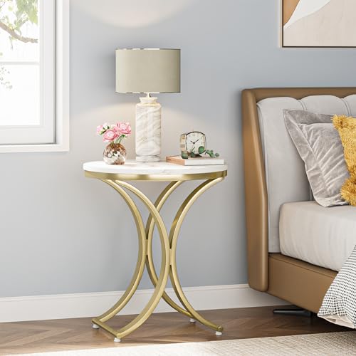 Tribesigns Small Round Sofa Side Table, Faux Marble White and Gold End Table, Contemporary Side Table Bedside Coffee Table (1PCS)