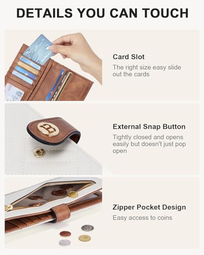 BOSTANTEN Slim Wallet Women Leather RFID Blocking Credit Card Holder Bifold Thin Wallet with Zipper Pocket Beige&Brown