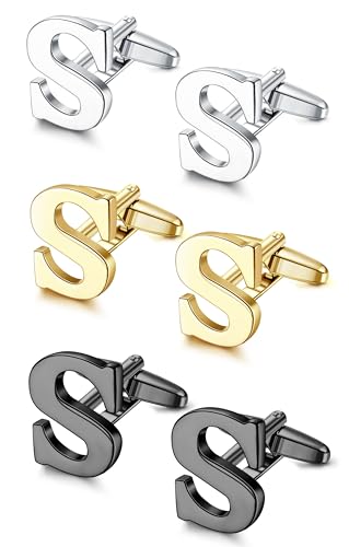 LOLIAS 3 Pairs Cufflinks For Men Personalized Initial Cuff Links Mens Letter CuffLinks for Casual to Formal with Gift Box Silver Black Gold Cufflinks Set for Father Husband Groom,Letter J