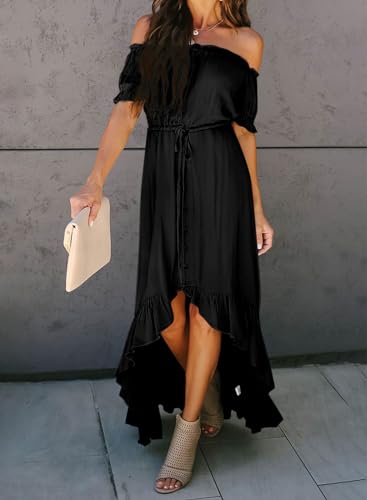 Happy Sailed Off Shoulder Dress for Women Summer Short Sleeve Ruffle Hem Irregular Elegant Maxi Long Beach Party Dress Casual Drawstring Belted Maternity Dresses Green X-Small