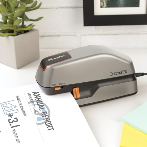 Swingline Electric Stapler, 20 Sheet Capacity, Optima 20, Jam Free, Auto or Manual, Plug In or Battery, Silver (48208)