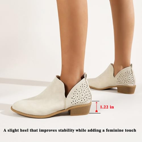 JITUUE Ankle Boots for Women Casual Cut Out Slip On Low Heel Short Chunky Stacked Heel Perforated Side V Cut Western Booties Cutout Shoes(Beige,US 6