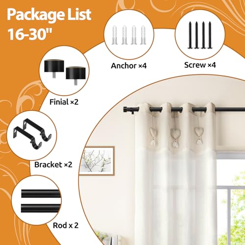 TONIAL Black Curtain Rod 16 to 30 Inch(1.3 to 2.5 ft), Telescoping Splicing 3/4 Curtain Rods for Windows, Single Short Drapery Rod with Round Cap Finial