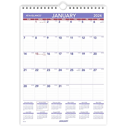 AT-A-GLANCE 2024 Wall Calendar, 8" x 11", Small, Ruled Blocks, Spiral Bound, Monthly (PM12824)
