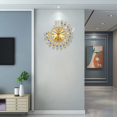 NEOTEND Gold Modern Wall Clock for Living Room Decor Large Peacock Kitchen Big Wall Watch for Bedroom Silent Decorative Office Non Ticking Metal Crystal Wall Clock Battery Operated 15 Inch