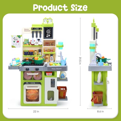HOLYFUN Kids Kitchen Playset, Pretend Play Kitchen with Sounds and Lights, Cooking Stove Steam,Play Sink and Play Food,Toy Kitchen Set for Kids Toddlers, Green