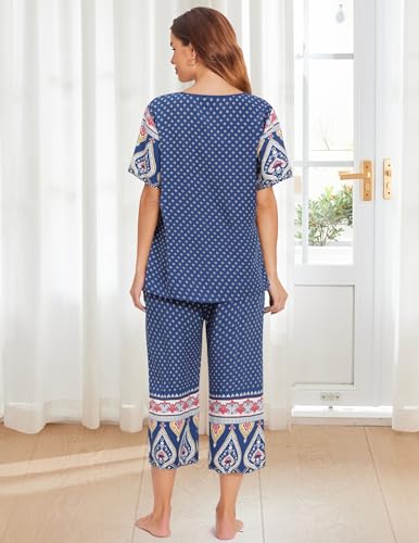 Ekouaer Women's Capri Pajama Sets Short Sleeve Shirt and Capri Pants Mumu Pajama with Pockets Sleepwear Pjs Sets