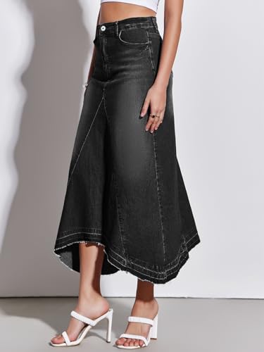 Fisoew Womens Denim Maxi Skirt Casual High Waist A-Line Frayed Irregular Hem Long Jean Skirt