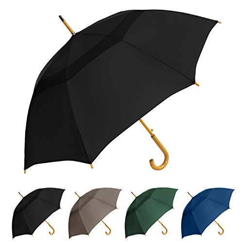 The Vented Urban Brolly 48" Arc Automatic Open Large Windproof Golf Umbrella, Classic Umbrella with Wooden J Handle, Vintage Style Lightweight Long Curved Handle Umbrella for Rain - Black