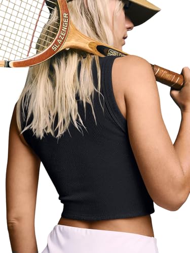 LASLULU Workout Tank Tops for Women with Built in Bra Tight Summer Crewneck Athletic Top Cropped Tank Medium Impact Sleeveless Casual Fitted Shirts(Black Small)