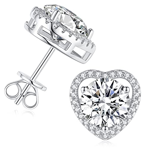 3-4ct Moissanite Stud Earrings for Women - Halo Heart 925 Sterling Silver D Color Ideal Cut Lab Created Diamond Earrings with Certificate of Authenticity (3CT)