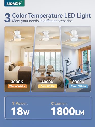 LEDIARY 42 inch Ceiling Fans with Lights and Remote Control,Flush Mount Ceiling Fan with Quiet Reversible DC Motor,Black Modern Low Profile Ceiling Fan with Light for Bedroom Living Room Patio