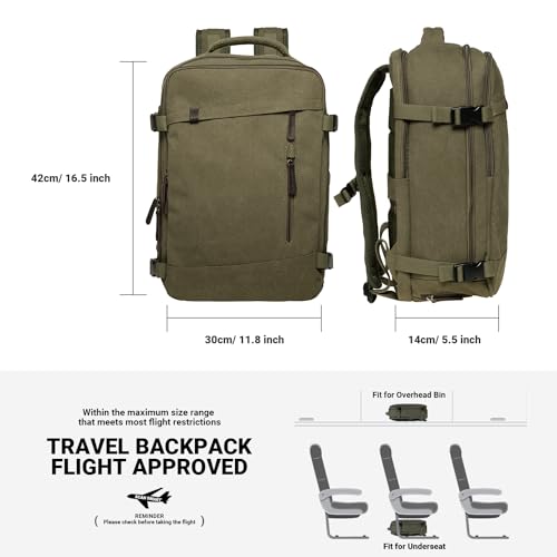 KAUKKO Thick Canvas Travel Backpack, Flight Approved Carry On Backpack with Shoe Pouch and 15.6 inch Laptop Compartment, 40L Luggage Casual Daypack Weekender Bag 10-ARMYGREEN