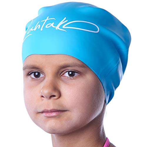 Swim Caps for Long Hair Kids - Swimming Cap for Girls Boys Kids Teens with Long Curly Hair Braids Dreadlocks - 100% Silicone Hypoallergenic Waterproof Swim Hat (Aqua Blue, Small)