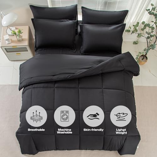 Lavisun Full Comforter Sets,Black Bedding Set 7 Pieces,All Season Soft Microfiber Complete Bedding Sets with 1 Comforter, 1 Flat Sheet, 1 Fitted Sheet, 2 Pillowcases and 2 Pillow Shams
