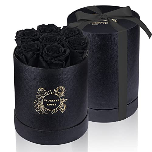 UFOREVER ROSES 7-Piece Preserved Roses in a Box Mothers Day Rose Valentines Day Gifts for Her, Real Roses That Last a Year and More, Christmas Day, Birthday Day (Black)