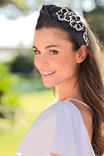 GLBCC Flower Knot Headband Rhinestone Crystal Flower Knotted Hairband Headpiece Wide Vintage Head Band for Women Spring Summer Hairpiece Hair Accessories Gift (black flower hairband)