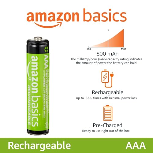 Amazon Basics 4-Pack Rechargeable AAA NiMH Performance Batteries, 800 mAh, Recharge up to 1000x Times, Pre-Charged