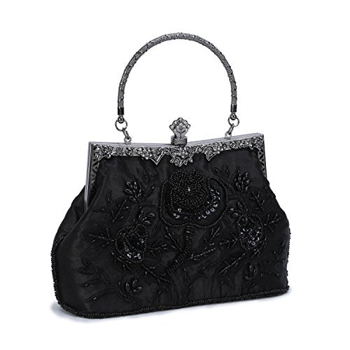 UBORSE Women's Floral Embroidery Rhinestone Evening Clutch Purse Sequin Beaded Crossbody Bag Vintage Evening Handbag for Bridal Wedding Party