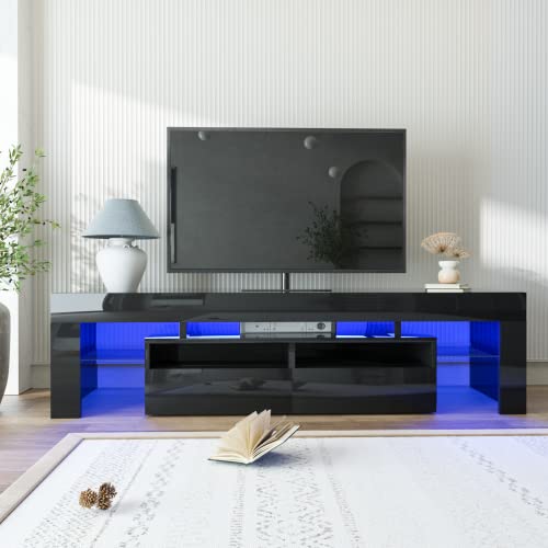 SUSSURRO LED TV Stand for 60/65/70 inch TV, Modern Gloss Entertainment Center with Drawer and Glass Open Shelf, Television Table Center Media Console for Living Room, Black