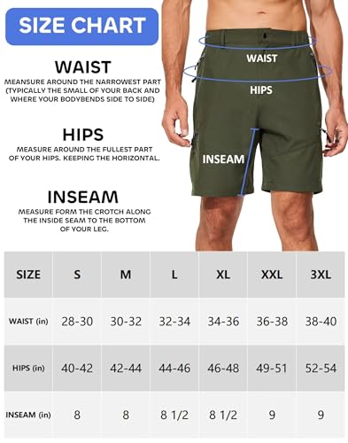 FUWODE Mens Hiking Cargo Shorts with 5 Zipper Pockets Lightweight Multi Pockets 9 Inseam Elastic Stretch Waistband Belt Loop Quick Dry for Summer Outdoor