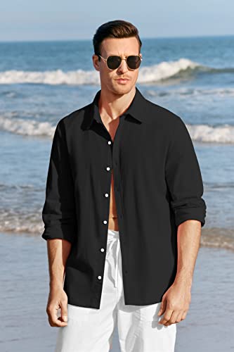 Runcati Mens Linen Casual Long Sleeve Shirt Cotton Tees Loose Fit Button Down Roll Up Summer Beach Yoga Tops (Large, Black-2)