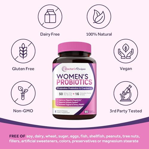 Doctor's Recipes Women’s Probiotic, 60 Caps 50 Billion CFU 16 Strains, with Organic Cranberry, Digestive Immune Vaginal & Urinary Health, Shelf Stable, Delayed Release, No Soy Gluten Dairy