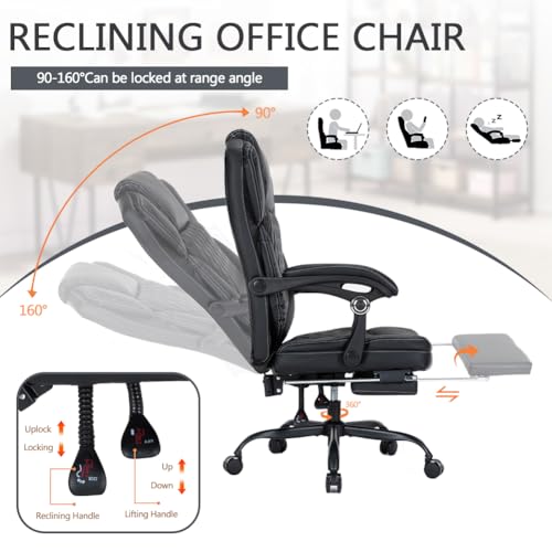 Ergonomic Office Chair with Footrest, Executive Chair PU Leather Computer Chair, Reclining Desk Chair with Leg Rest, Coil Spring Thick Cushion, Big and Tall Chair 400 lbs Capacity | Black