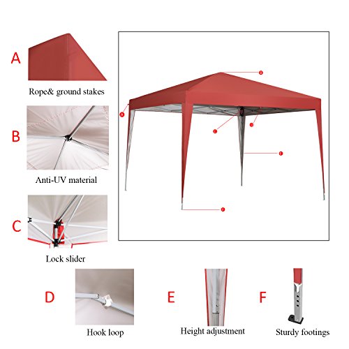 10 x 10 ft Pop-Up Canopy Tent Gazebo for Beach Tailgating Party Red
