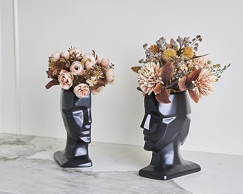 BOIHEGU Black Decorative Bookends, 7 inch Ceramic Multi Face Decorative Flower Vase(Set of 2) Modern Black Accent Decorative Bookends Gifts for Shelves