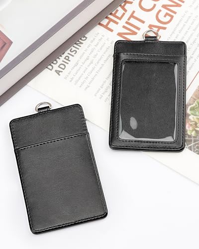 Teskyer Badge Holder with Lanyard, Leather ID Name Badge Card Holder with Lanyard for ID Badges, Vertical, Lychee Pattern Coffee