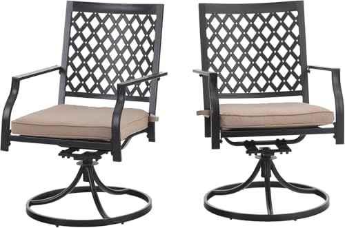 PHI VILLA Outdoor Metal Swivel Chairs Set of 2 Patio Dining Chair with Cushion Furniture Set for Garden Backyard Bistro, Small Grid, Black