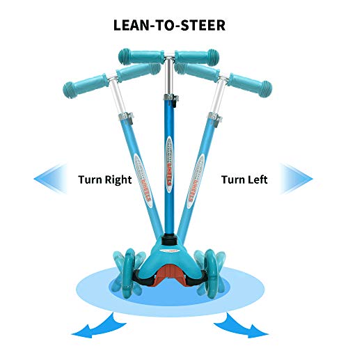 ChromeWheels Scooter for Kids, Deluxe 3 Wheel Scooter for Toddlers 4 Adjustable Height Glider with Kick Scooters, Lean to Steer with LED Flashing Light for Ages 3-6 Girls Boys, Aqua