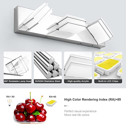 3 Color Temperature Dimmable Bathroom Light Fixtures over Mirror, LED Chrome 3 Light Vanity Lighting Fixtures, Acrylic Stainless Steel Square Shade Vanity Lights for Bathroom, ETL Certificated