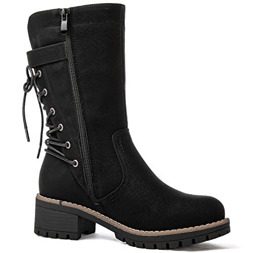 GLOBALWIN Women's Biker Boots Lace up Mid Calf Motorcycle Fashion Festival Boots Combat Riding Military Boots for Women Black Size 11