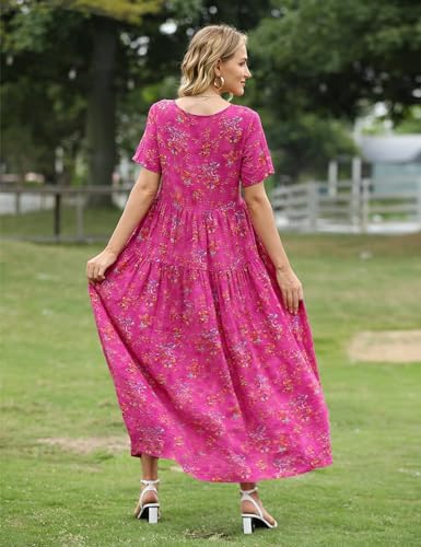 YESNO Women Casual Loose Bohemian Floral Dress with Pockets Short Sleeve Long Maxi Summer Beach Swing Dress S EJF CR425