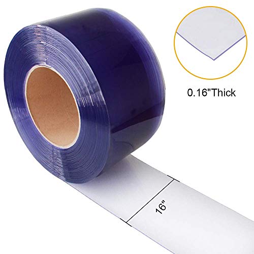 VIZ-PRO Standard Clear PVC Smooth Curtain Strip Door Bulk Roll, 50' Length x 16" Width x 0.16" Thick