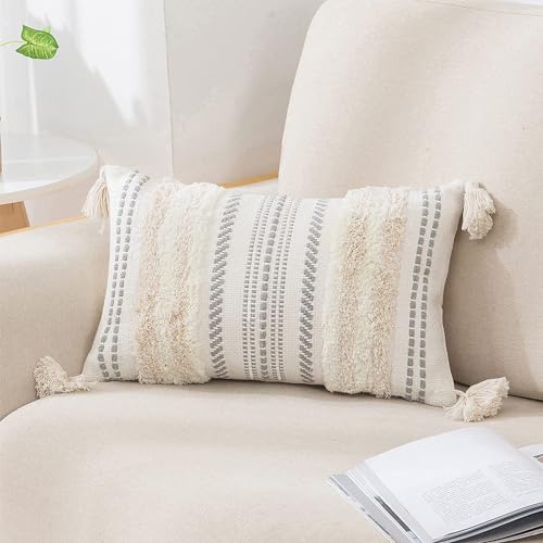 decorUhome Decorative Boho Throw Pillow Cover 12x20, Lumbar Accent Neutral Tufted Pillow Cover for Couch Bed Sofa, Textured Striped Woven Pillow Cover, Beige and Cream White, Pack of 1