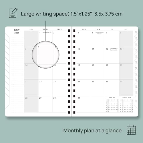 POPRUN Monthly Planner 2024-2025 Spiral Bound (6.25'' x 8.5'') 18 Months Calendar (Jul 2024 - Dec 2025) - 4 Pages per Month with Monthly Dotted Note Pages, Sunday Start, HardCover - Black