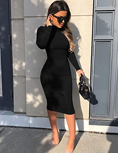 Women's Casual Long Sleeve Bodycon Sexy Turtleneck Midi Club Party Pencil Dresses, S, Black